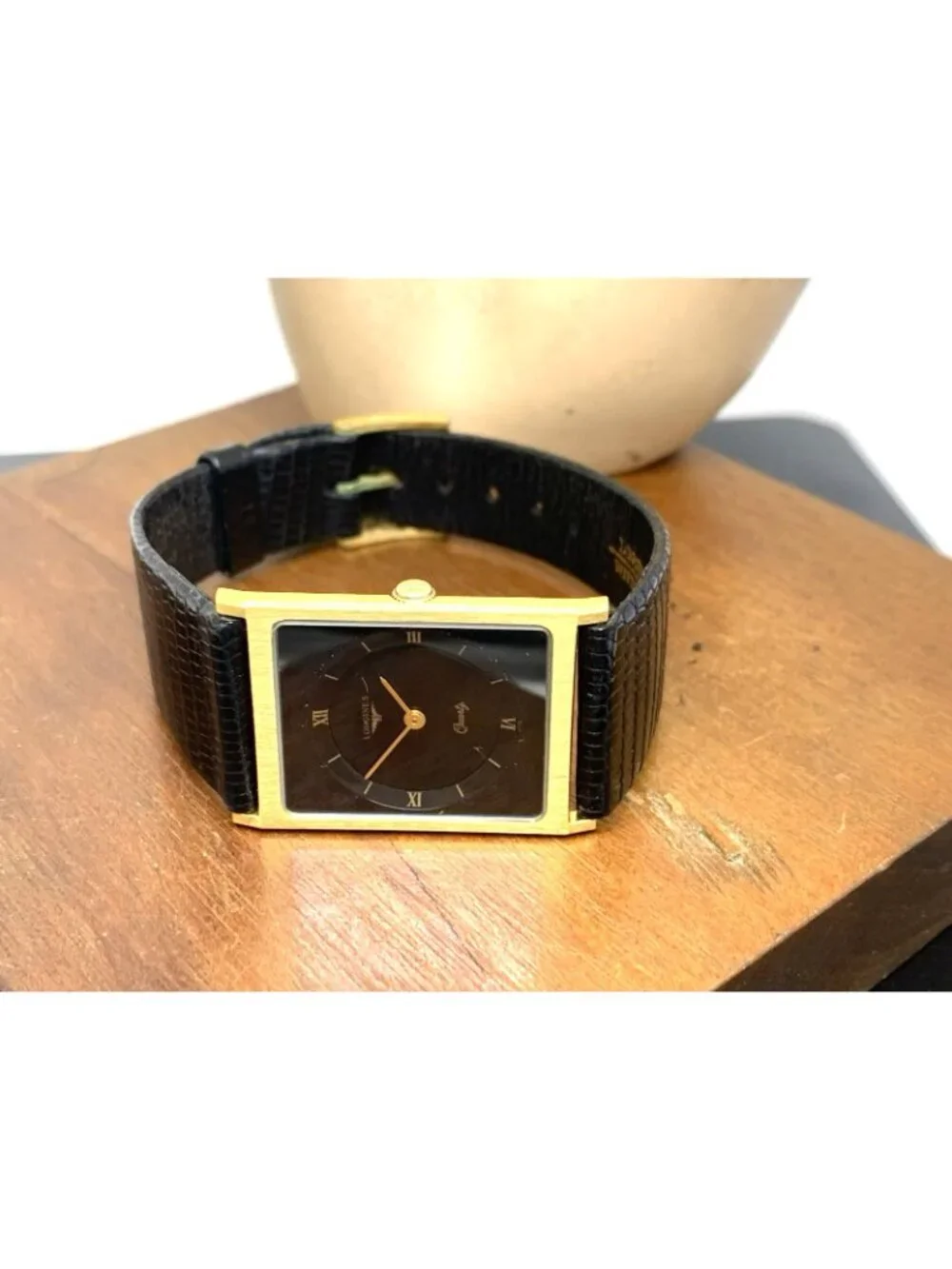 Longines Men's Watch Vintage Swiss Quartz Black Dial Gold Tone Case Tank Leather